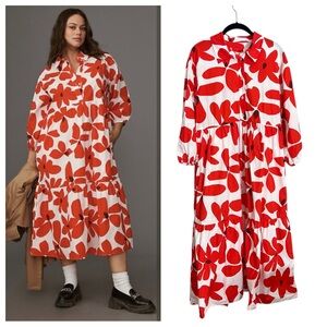 Anthropologie Maeve Bettina Tiered Midi shirt dress red white floral pockets M